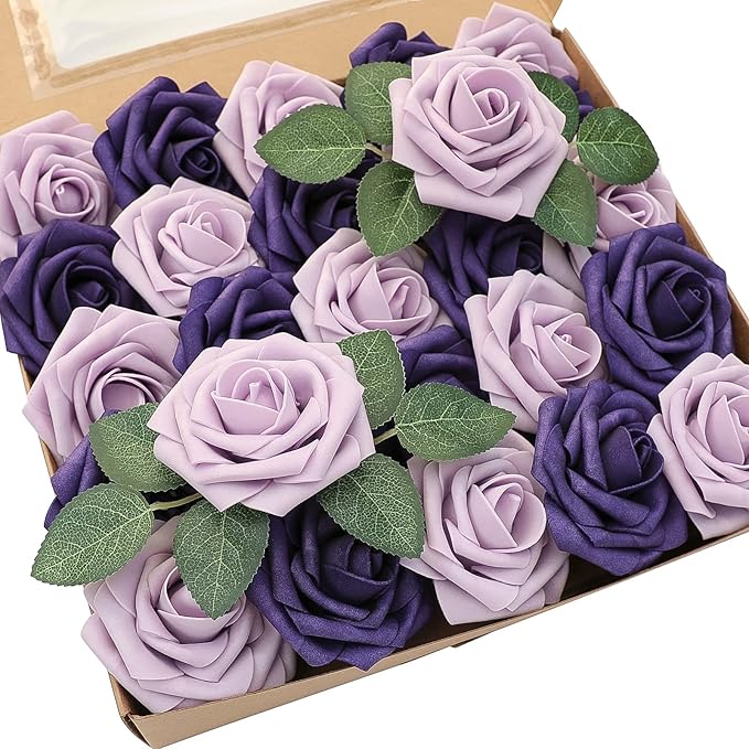 Floroom Artificial Flowers 25pcs Real Looking Lilac & Purple Foam Fake Roses with Stems for DIY