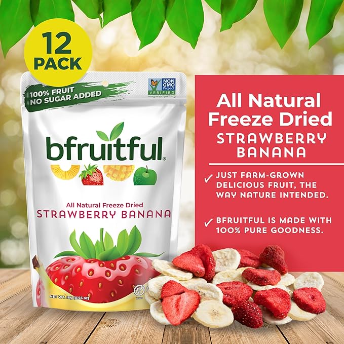 bfruitful Freeze-Dried Strawberry Banana, Freeze Dried Fresh Fruit Bites, Gluten Free, Vegan, Dairy