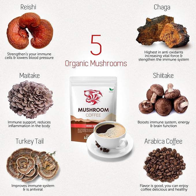 Tiger Organic 5 Mushroom Instant Coffee – 30 Servings with 100% Arabica | Immune System Booster