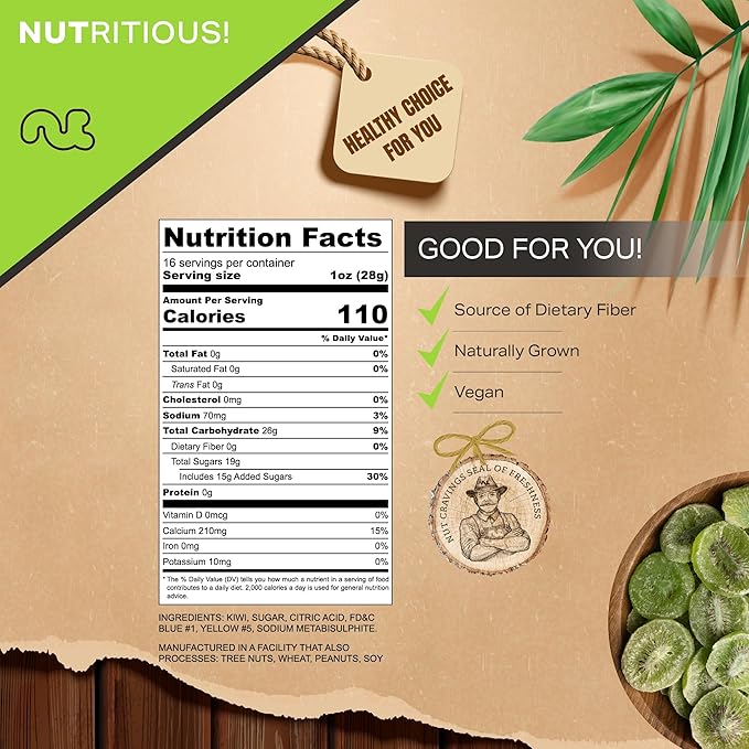 NUT CRAVINGS - Sun Dried Kiwi Slices, Lightly Sweetened (16oz, 1 LB) Bulk Dry Fruits Packed Fresh