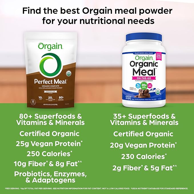 Orgain Perfect Meal, Organic, Vegan Meal Replacement Protein Powder, Chocolate - 25g Plant Based