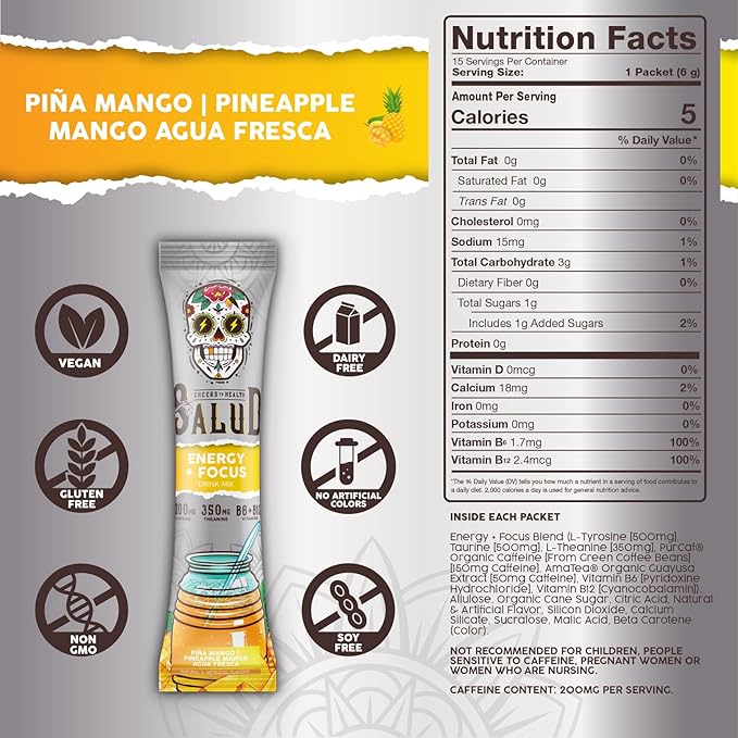 Salud 2-in-1 Energy Drink Powder + Focus, Pineapple Mango, Organic Caffeine, B6 + B12, Theanine