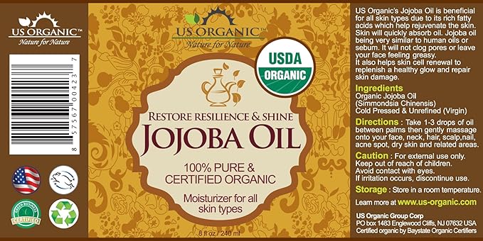 US Organic Jojoba Oil, USDA Certified Organic,100% Pure & Natural, Cold Pressed Virgin, Unrefined