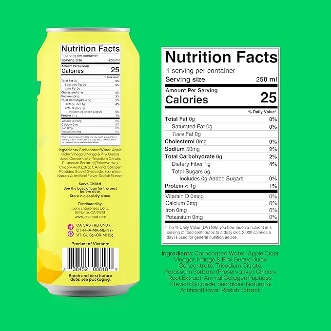 Jans Sparkling Prebiotic with Collagen Soda Beverage ??Pink Guava & Mango 8.4 Fl Oz (24-Pack) ??Low