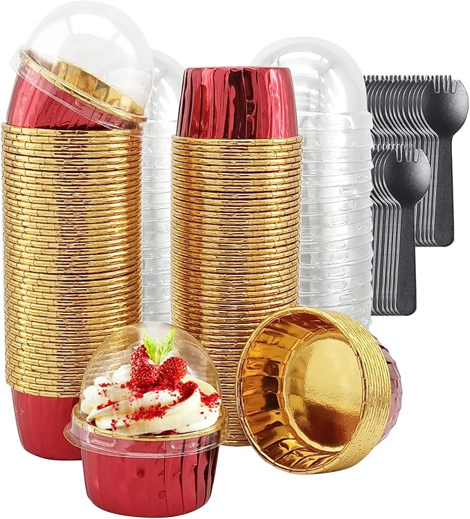 Foil Cupcake Liners with Dome Lids 100Pack,Free-Air 3.5Oz Cups for Baking,Disposable Ramekins