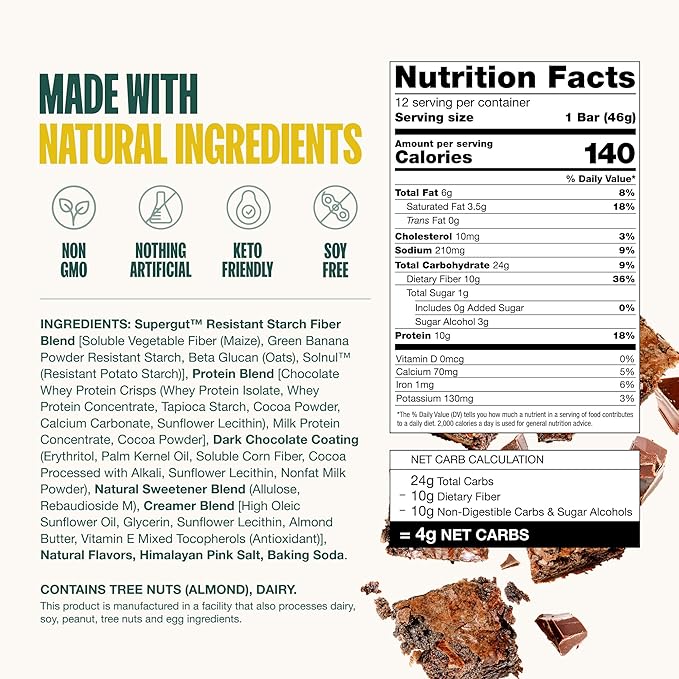 Supergut GLP-1 Boosting Prebiotic Bars, Chocolate Brownie - Gut Healthy Protein Snacks & Breakfast