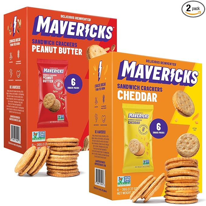 Mavericks Sandwich Crackers Variety Pack - Peanut Butter & Cheddar Snack Crackers, Whole Grain - 2
