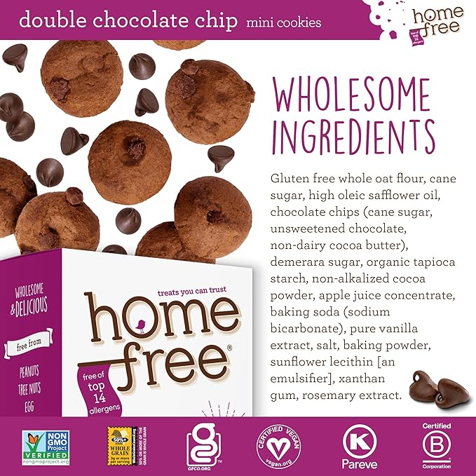 Homefree Mini Double Chocolate Chip Cookie Box, Gluten Free, Nut Free, Vegan, School Safe and