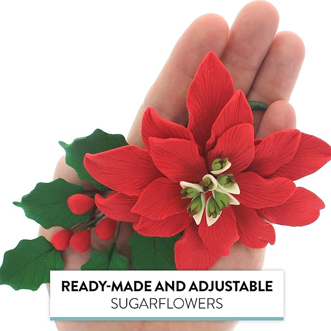 Global Sugar Art Large Poinsettia Christmas Kit Sugar Cake Flowers & Holly Leaf Sprays, 3 Piece Set