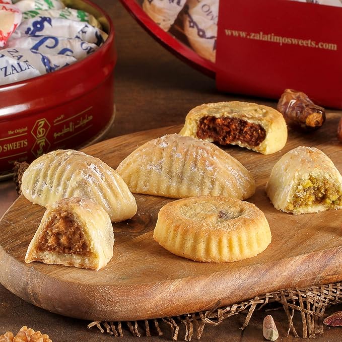 Zalatimo Sweets Since 1860, 100% All Natural Assorted Mamoul Shortbread Cookies, Round Gift Tin
