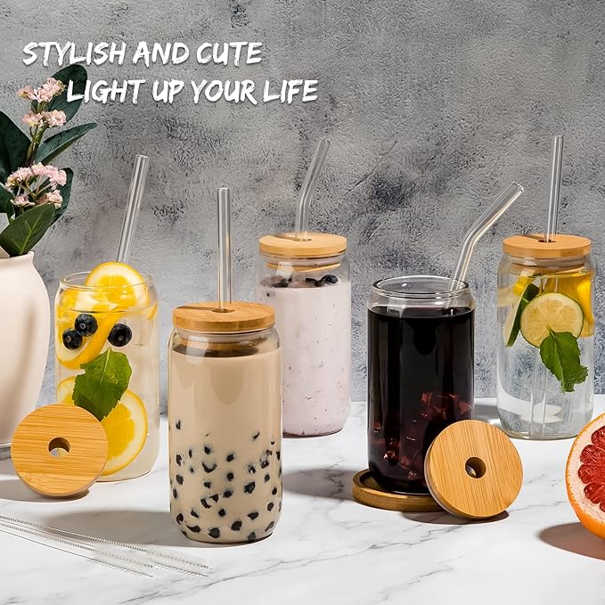 16 Oz Drinking Glasses with Bamboo Lids and Glass Straw - 6 Pcs Glass Cups Beer Ice Coffee Glasses