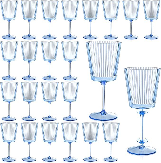 24 PCS Blue Ribbed Plastic Wine Glasses 13.5 OZ Ribbed Wine Glasses Detachable Wine Glass Elegant