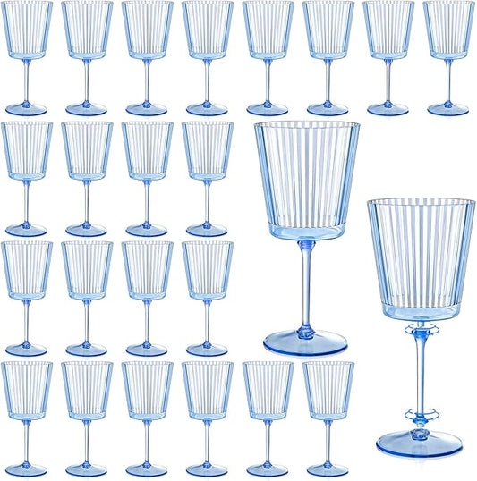 24 PCS Blue Ribbed Plastic Wine Glasses 13.5 OZ Ribbed Wine Glasses Detachable Wine Glass Elegant