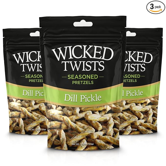 Wicked Twists Dill Pickle Seasoned Pretzels Twists 5.5 oz (3 Pack) Snack Pretzel Sticks Rods, Bold