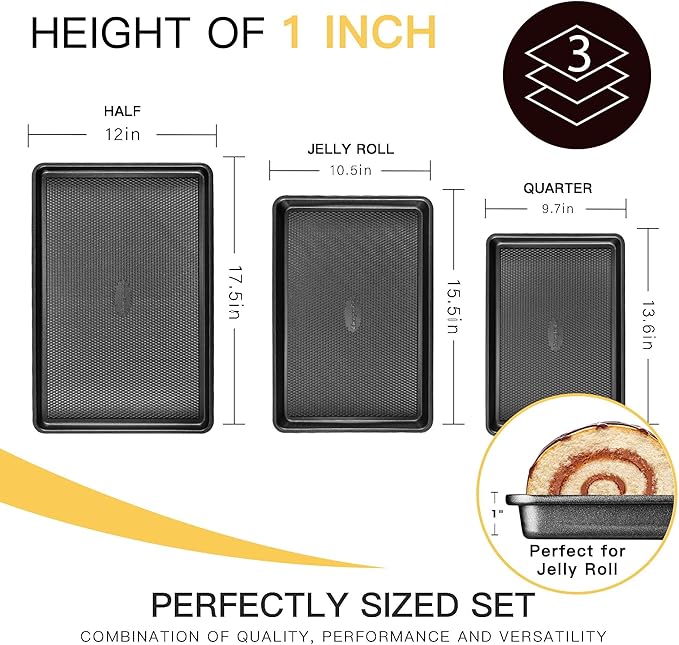 Cookie Sheets for Baking Nonstick - HONGBAKE Baking Sheet Pan Set of 3, Half/Quarter/Jelly Roll Pan