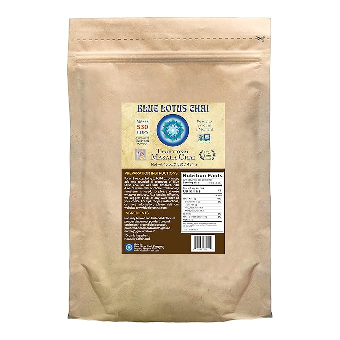 Blue Lotus Chai - Traditional Masala Chai - Makes 530 Cups - 1 Pound Bulk Bag Masala Spiced Chai