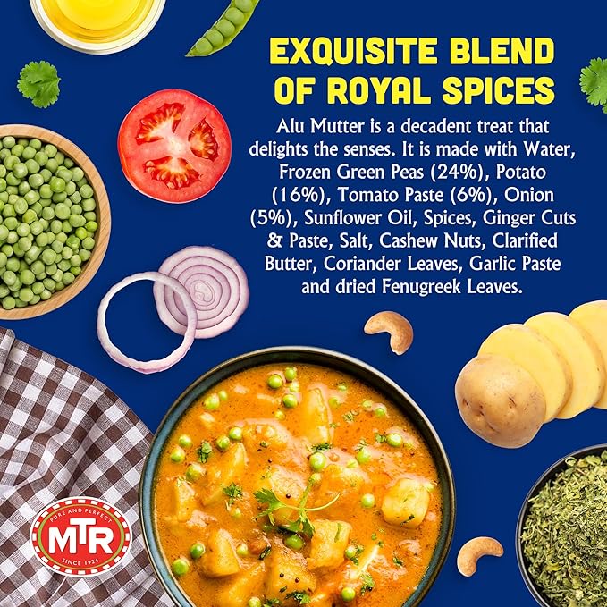 MTR - Minute Meals: Aloo Mutter - Curried Potatoes and Peas - Authentic Indian Ready-to-Eat Meal