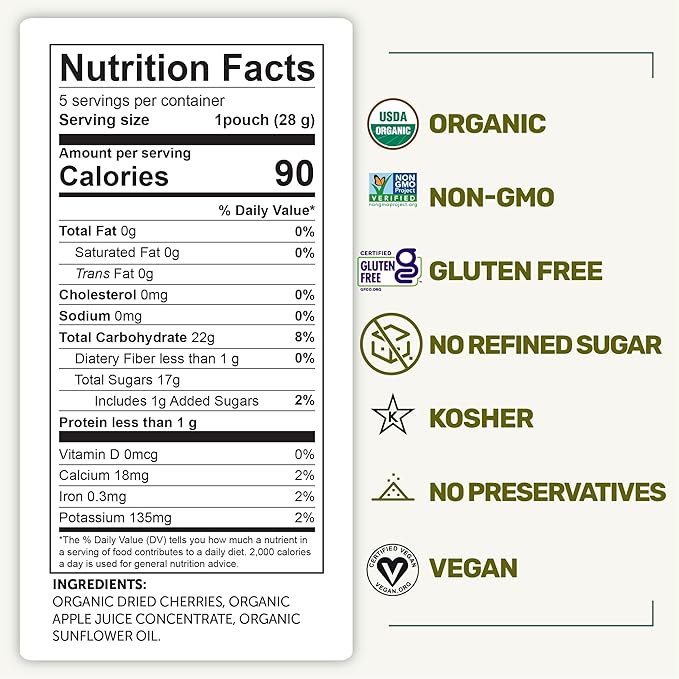 Happy Village Organic Soft Dried Cherries On the Go – 3 Bags (15 Individual Portion Packs) |