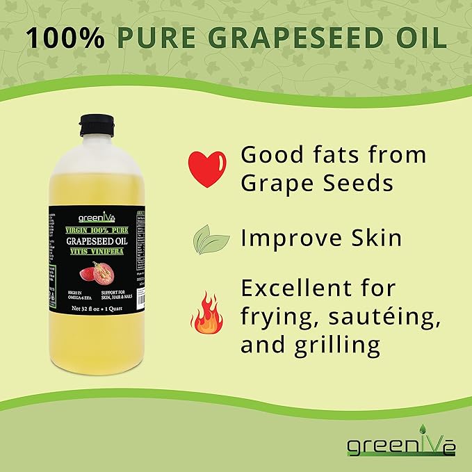 GreenIVe Grapeseed Oil Naturally Grown 100% Pure Cold Pressed Light Flavor High Tempurature Cooking