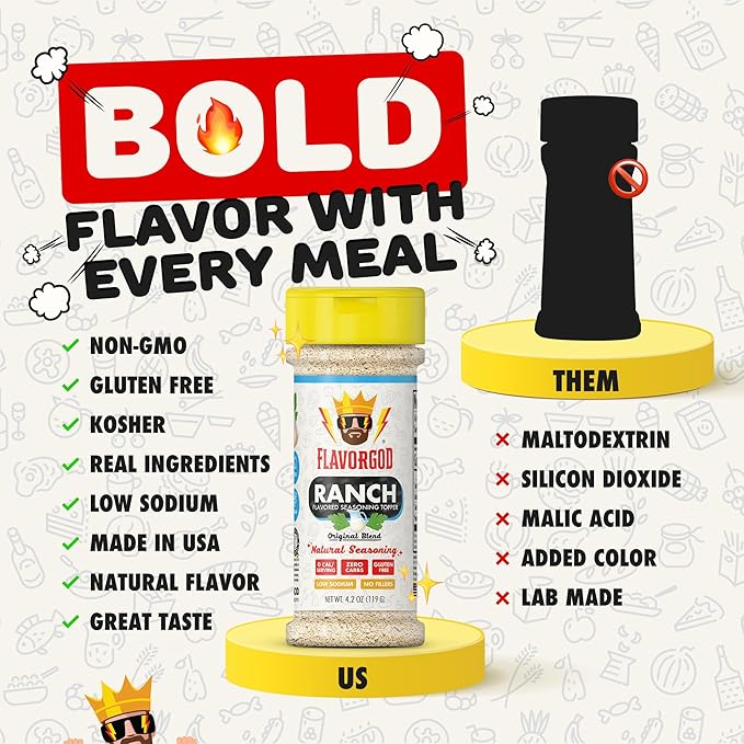Ranch Seasoning by Flavor God, Sugar Free Ranch Substitute Low Sodium Seasoning, Gluten-Free Dry