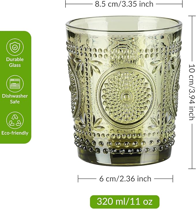 Joeyan Green Vintage Drinking Glasses,Embossed Small Sunflower Water Glass Tumbler,11oz Colored