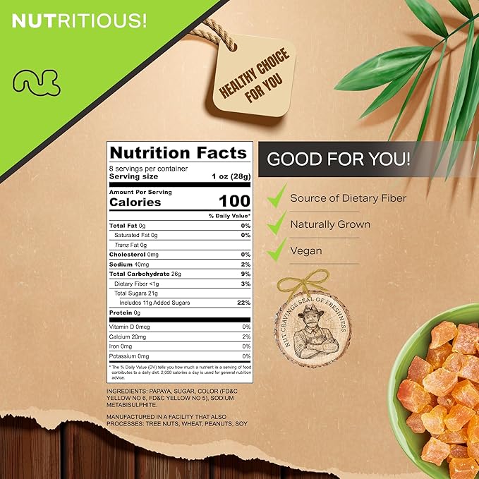 NUT CRAVINGS - Sun Dried Papaya Chunks, Lightly Sweetened (8oz, 1 Pack) Bulk Dry Fruits Packed