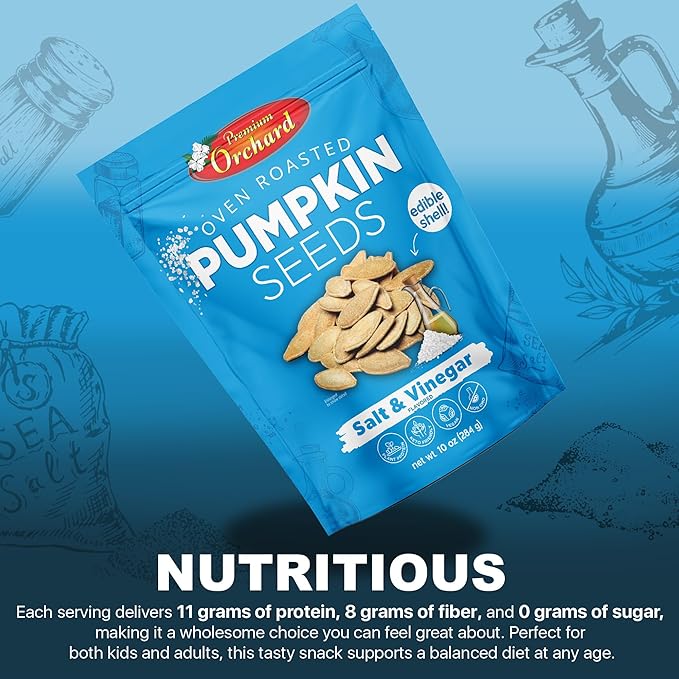 PREMIUM ORCHARD Flavored Pumpkin Seeds Oven Roasted | Salt and Vinegar| High Protein Snacks for