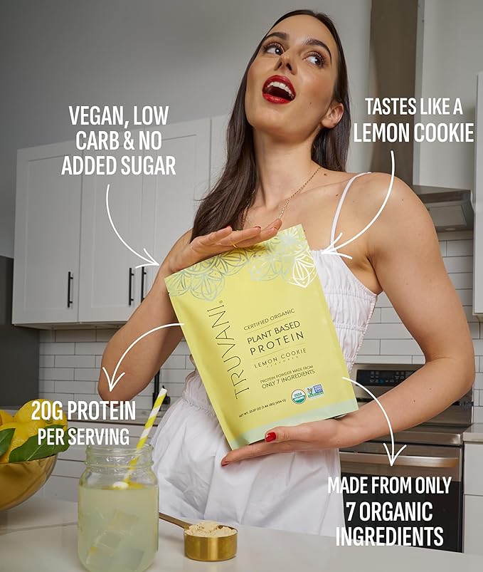 Truvani Vegan Pea Protein Powder | Lemon Cookie | 20g Organic Plant Based Protein | 20 Servings |
