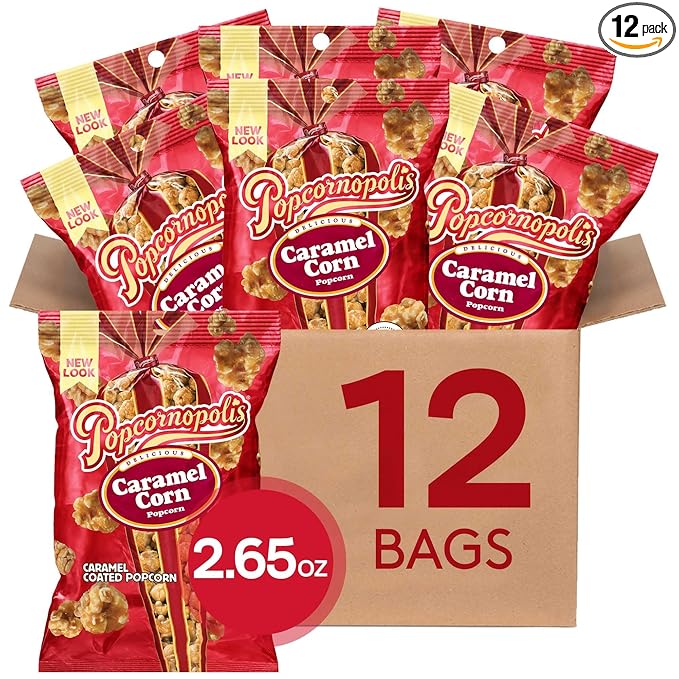 Popcornopolis 12 ct, 2.65 oz Case, Caramel Flavored Indulgent Popcorn