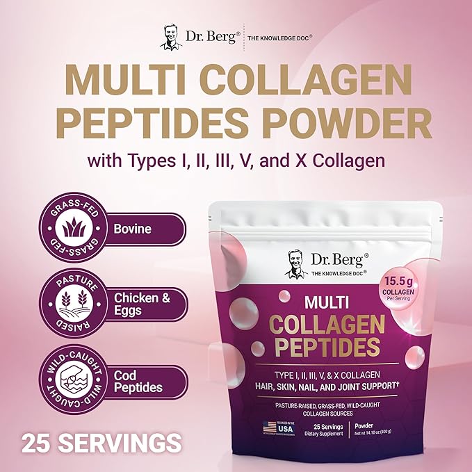 Dr. Berg Multi Collagen Peptides Powder Types I, II, III, V, X - Unflavored Collagen Powder w/ 14 g