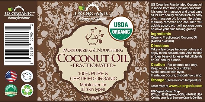 US Organic Fractionated Coconut MCT Oil (Liquid Coconut Oil), USDA Certified Organic, Non-GMO