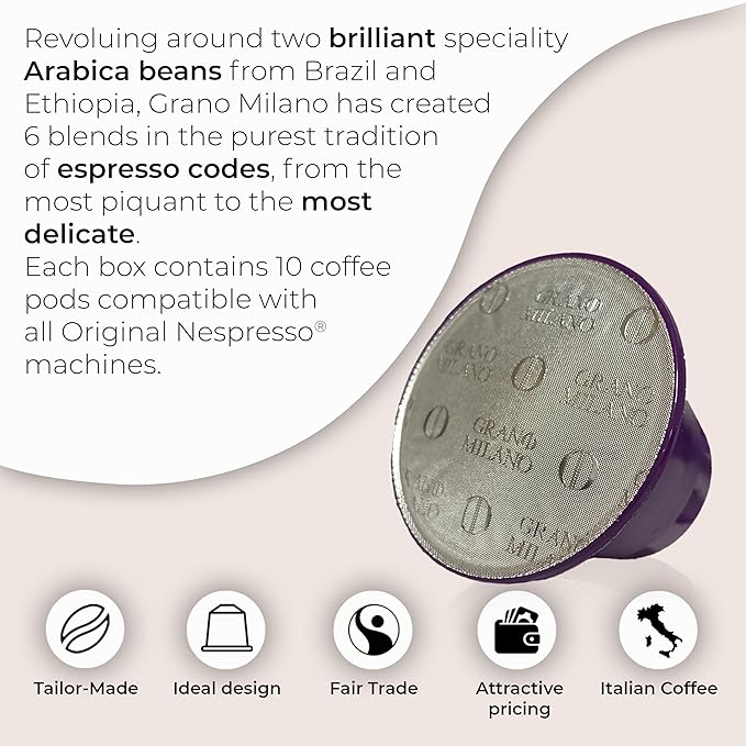 Grano Milano - 50 Espresso Pods Compatible with Nespresso Original line, Medium Roast - Intensity