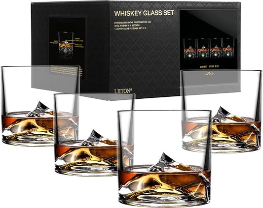 Mount Everest Heavy Crystal Whiskey Glasses Gift Set of 4, Thick Freezable Bourbon Glass 1lb Each