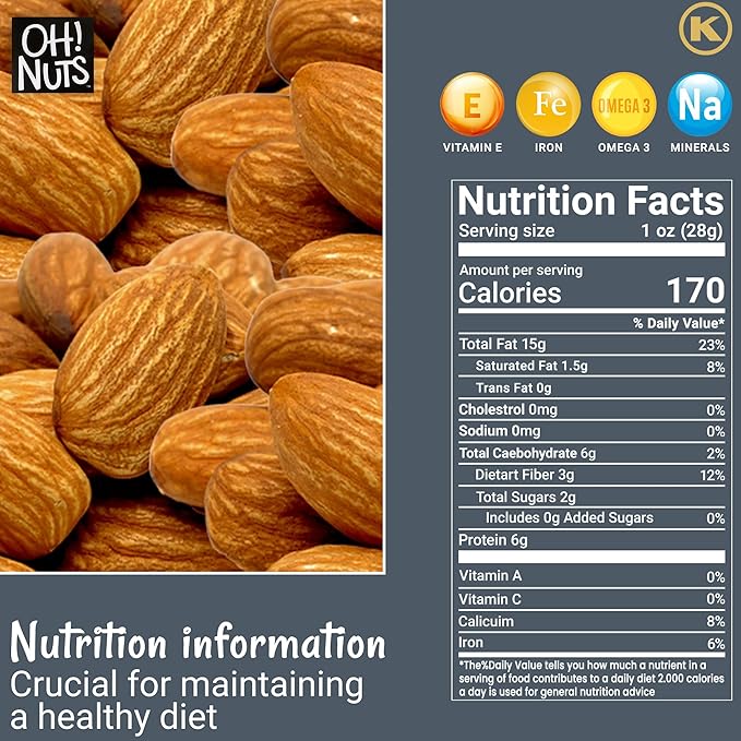 Oh! Nuts Almonds - Raw - 100% Natural - 2 lb - High-Protein Whole Almonds - Packed in New York