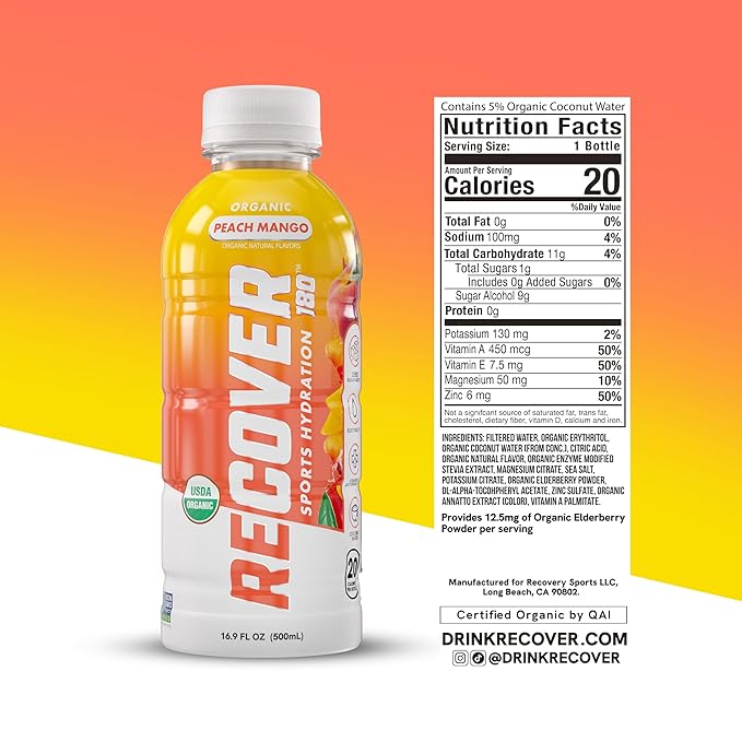 RECOVER 180 Organic Sports Hydration Drink, No Sugar Added, 20 Calorie Sports Beverage, Organic