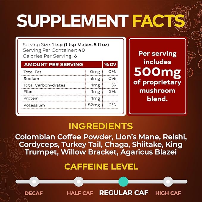 Wixar Mushroom Coffee Blend - Ten Treasure Mushrooms Extract Instant Coffee Powder with Lions Mane