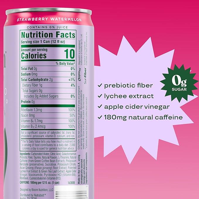 Bloom Nutrition Sparkling Energy Drink - Natural Caffeine, Zero Sugar, 180mg Caffeine