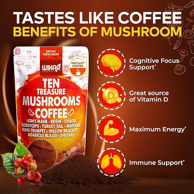 Wixar Mushroom Coffee Blend - Ten Treasure Mushrooms Extract Instant Coffee Powder with Lions Mane