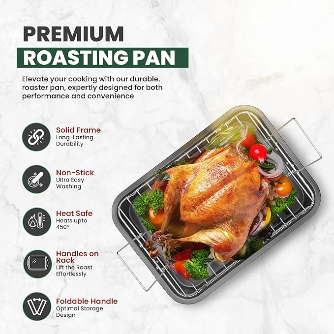 Large Roasting Pan With Rack 12” X 16” - Non Stick Large Roaster Pan and Flat Rack With Foldable