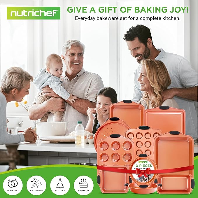 NutriChef 10-Piece Nonstick Baking Pan Set – Durable Carbon Steel Bakeware with Silicone Handles