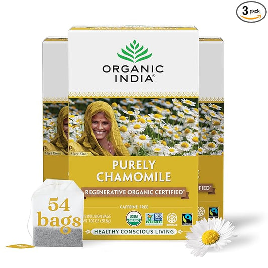 Organic India Purely Chamomile Tea- Regenerative Organic Chamomile Flowers, Caffeine Free, Calming