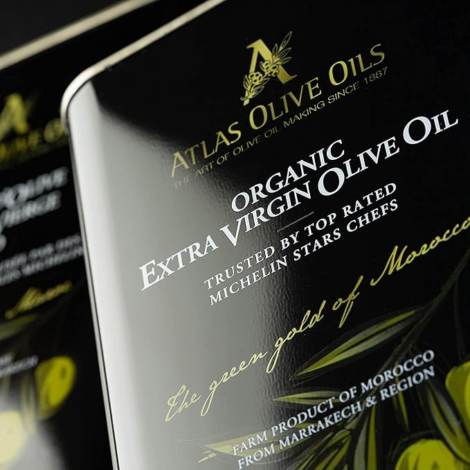 A ATLAS OLIVE OILS Bulk Organic Cold Pressed Moroccan Extra Virgin Olive Oil, Polyphenol Rich