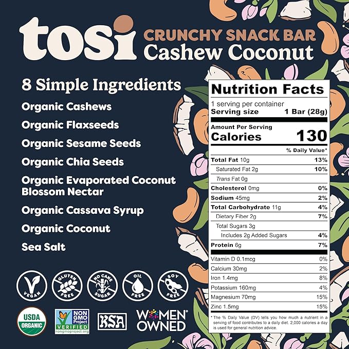 Tosi Cashew Coconut Protein Bars - Crunchy Nut & Seed Vegan Snack Bars, Gluten Free, 6g Plant Based