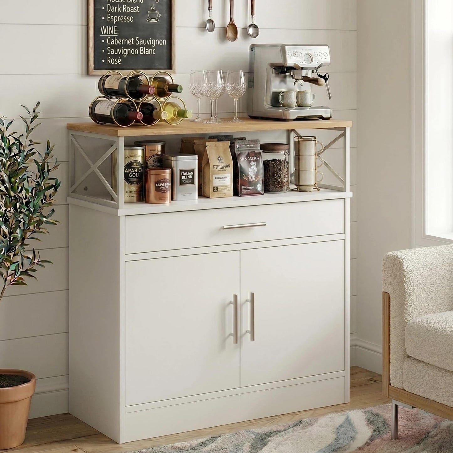 Vongrasig Coffee Bar Cabinet, Farmhouse Kitchen Storage Cabinet with Adjustable Shelf, 31“ Modern