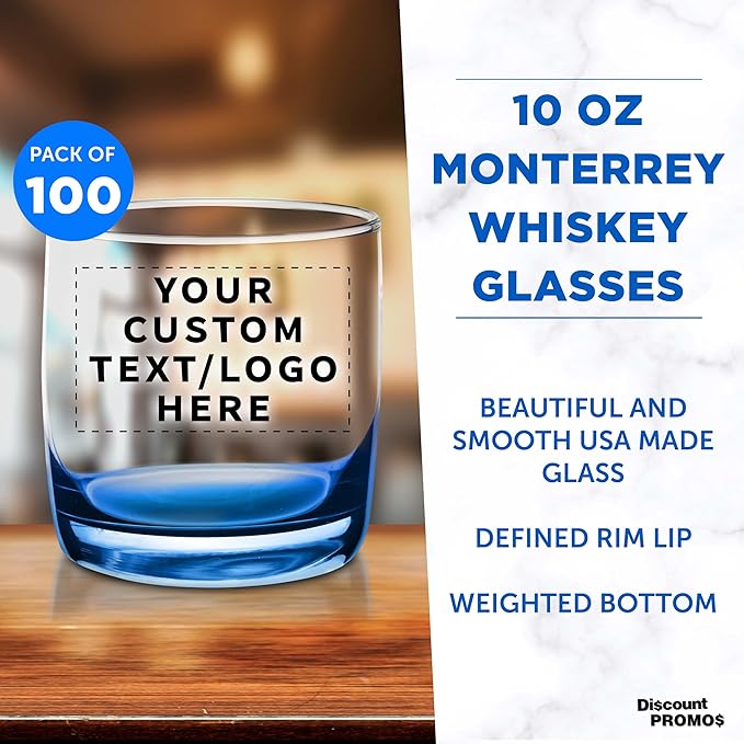 DISCOUNT PROMOS Custom Whiskey Glasses 10 oz Set of 100, Personalized Bulk Pack - Heavy Base Old