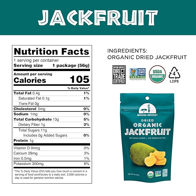 Mavuno Harvest Jackfruit Dried Fruit Snacks | Unsweetened Organic Dried Jackfruit Chips | Gluten