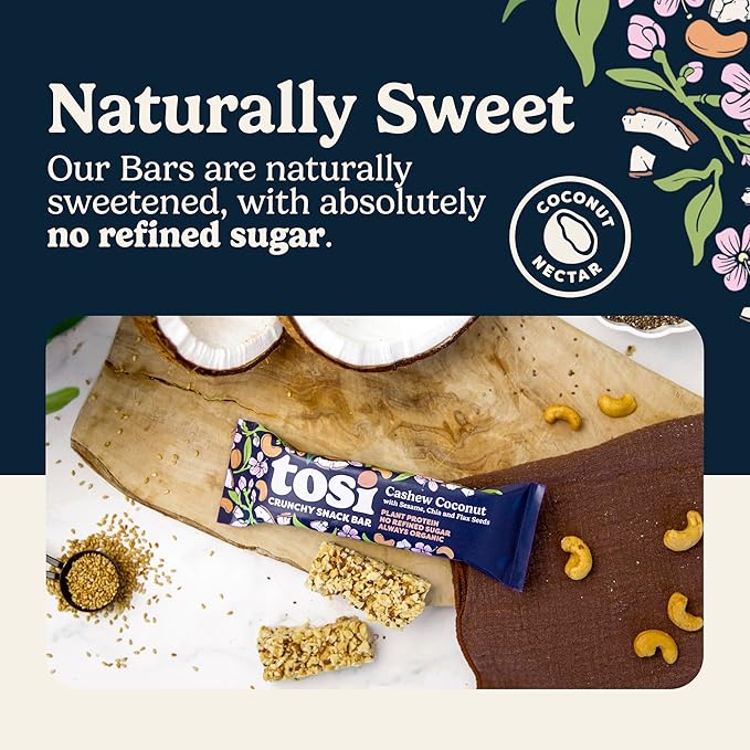 Tosi Cashew Coconut Protein Bars - Crunchy Nut & Seed Vegan Snack Bars, Gluten Free, 6g Plant Based