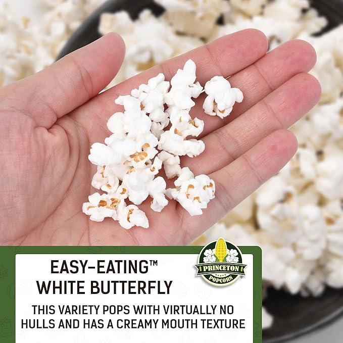 Princeton Popcorn White Butterfly Hulless Popcorn Kernels - Easy-Eating, Baby Small Tender Popping