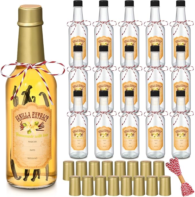 Tioncy 16 Pcs Vanilla Extract Bottles for Homemade Vanilla Jar Glass Bottle with Cap, Shrink Band