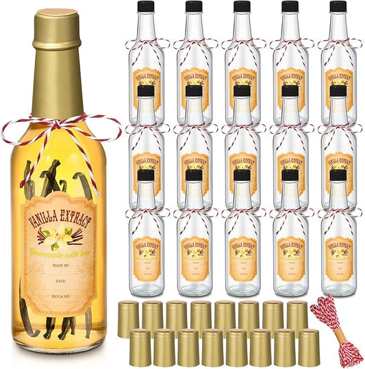 Tioncy 16 Pcs Vanilla Extract Bottles for Homemade Vanilla Jar Glass Bottle with Cap, Shrink Band
